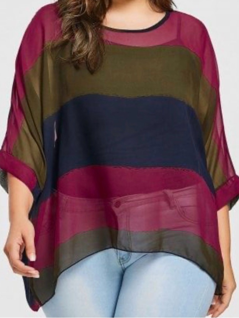 Allegra K Colorblock Sheer Tunic in Hot Pink, Navy & Olive